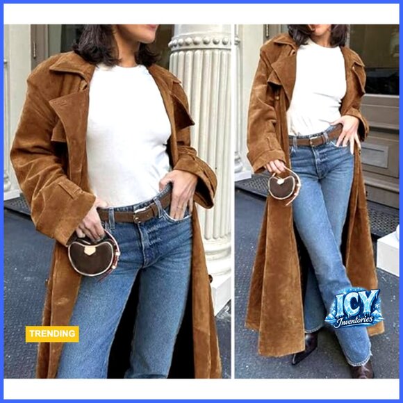 Faux Suede Long Trench Pea Coat with Belt Notched Lapel Double Breasted - Picture 6 of 7